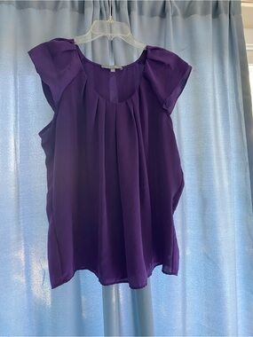 NY Collection Purple Pleated Cap-Sleeve Blouse